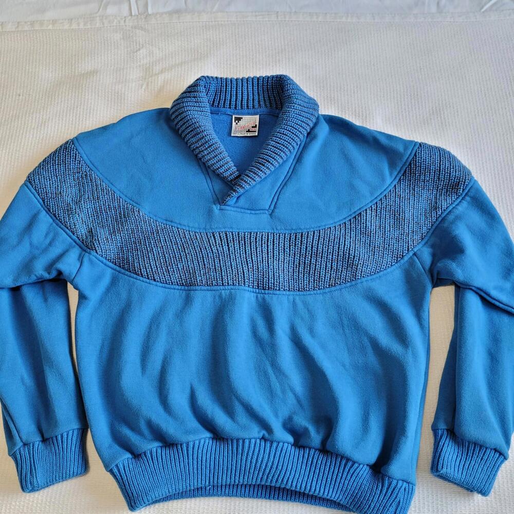 Vintage 80s/90s Fleece Knit Quilted Pullover Sweater Medium Blue Freelance